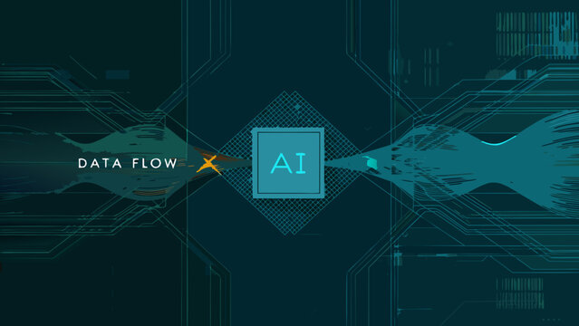 Geometric data flow illustration with artificial intelligence text showcasing a teal and dark blue color scheme abstract