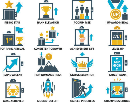 Business career progression and success achievement vector icon set featuring elevator concepts level up ranking growth trophy awards rocket launch and status elevation symbols.