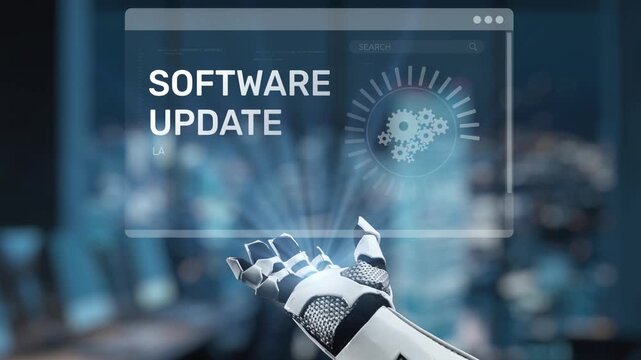 A high-tech representation featuring a robotic hand showcasing a software update notification on a sleek digital interface, emphasizing technology and innovation. Synapse