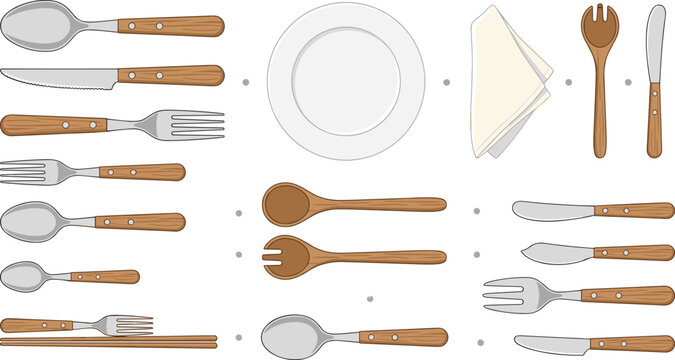 Rustic Cutlery and Tableware Vector Icon Set with Wooden Handle Knives Forks Spoons Plates and Kitchen Utensils