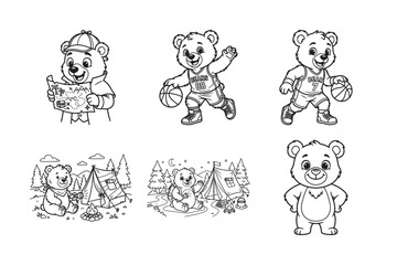 Black and white illustrations of bears in various fun activities © Sumon90cs