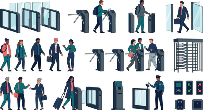 Subway Turnstile Gate and Security Access Control Vector Set with Commuters Ticket Barriers Terminal and Scanner Icons