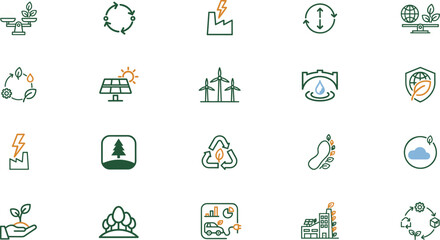 Fototapeta premium Green Energy and Ecology Line Icon Set with Solar Panels Wind Turbines Recycling Symbols and Carbon Footprint for Environmental Conservation Vector Designs