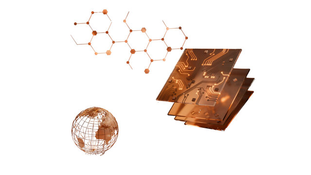 Orange glowing chemical molecular structure and data layers icon set on a dark theme for science and technology projects Vector
