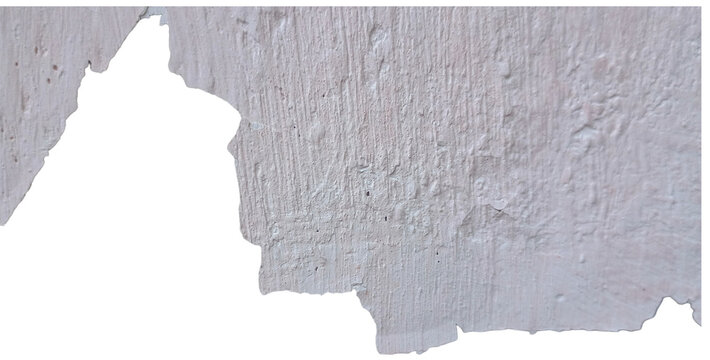 Stucco wall surface showing paint brush strokes and fracture edge. Texture asset for 3D rendering, architecture mapping and damage overlay. Building material isolated on transparency background.