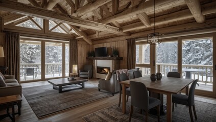 Obraz premium Cozy wooden cabin interior with large windows and snow view