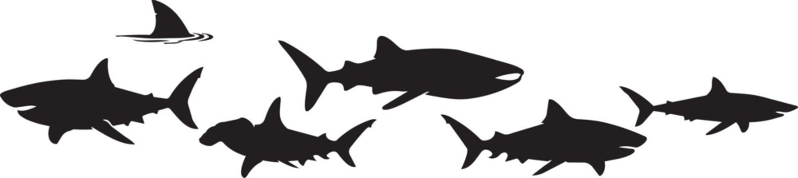 Black shark silhouettes, ocean predator icons, marine life illustrations, vector graphics