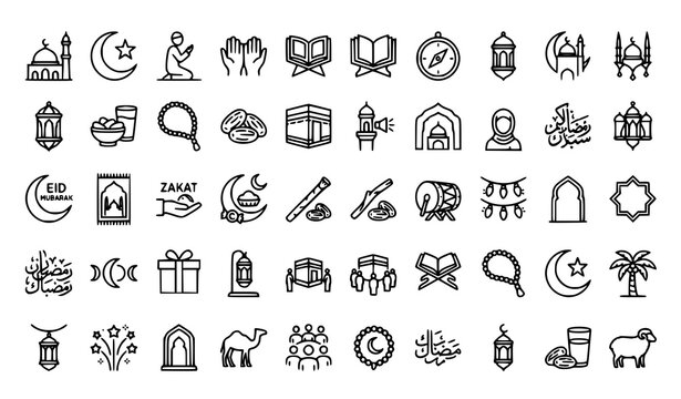 Islamic Ramadan Thin Line Icon Collection Vector Illustration