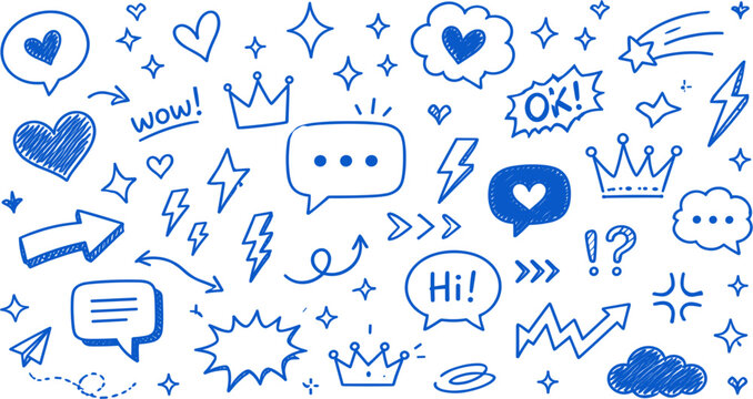 Hand Drawn Blue Doodle Icon Set with Cute Speech Bubbles, Sparkly Stars, Hearts, and Expressive Sketch Elements for Creative Graphic Templates and Social Media Designs