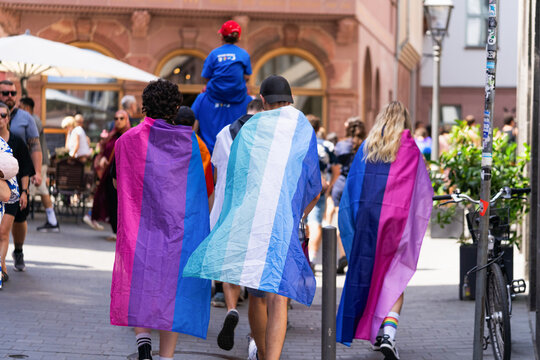 Participants wearing bisexual and transgender pride flags during CSD march