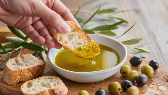 Hand dipping a slice of crusty bread into a small bowl of olive oil, surrounded by fresh olives and olive branches on a wooden cutting board