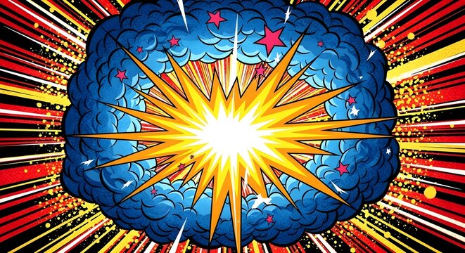 A vibrant comic book style illustration of a brain exploding with a bright yellow starburst, surrounded by dynamic speed lines.