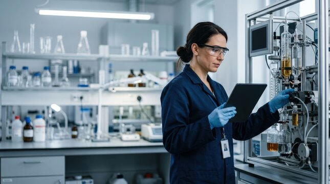 Fuel quality specialist analyzing samples with tablet in laboratory