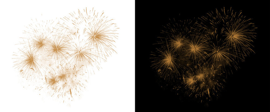Orange fireworks burst on black and white background, vibrant pyrotechnic explosion set, festive firework display for celebration and holiday design