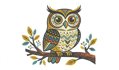 Fototapeta premium Retro owl vector illustration with vintage wise bird character on branch in mid-century style