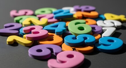 Fototapeta premium A close-up shot of a colorful assortment of foam numbers scattered on a dark grey surface, used for learning and play.