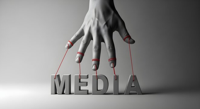 A hand with red strings manipulating concrete letters spelling "MEDIA", symbolizing control and influence.