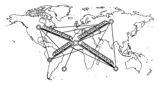 Vintage intricate airplane routes over global world map with dotted flight paths, concept for travel planning, aviation industry, and international connectivity design elements