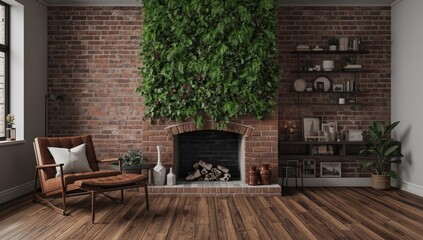 Obraz premium Modern living room with a brick wall and fireplace