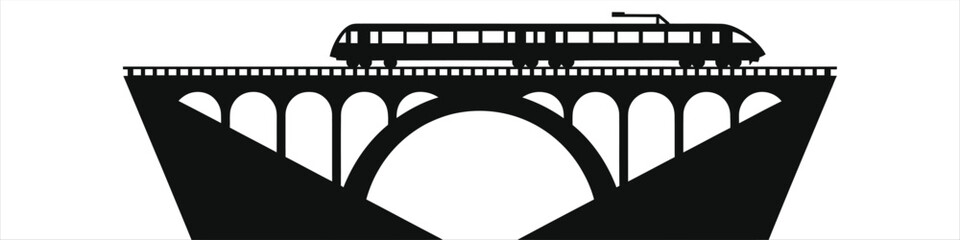 Minimalist Train on Geometric Railway Bridge Silhouette Vector Illustration, Modern Black and White Arch Viaduct Overpass Graphic Icon Design © Tanver