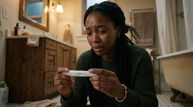 Emotional young Black woman crying while holding a pregnancy test in a rustic, warmly lit bathroom, capturing raw anxiety and vulnerability, ideal for healthcare or family planning.