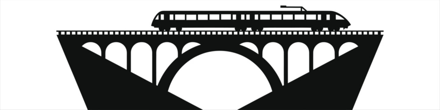 Minimalist Train on Geometric Railway Bridge Silhouette Vector Illustration, Modern Black and White Arch Viaduct Overpass Graphic Icon Design