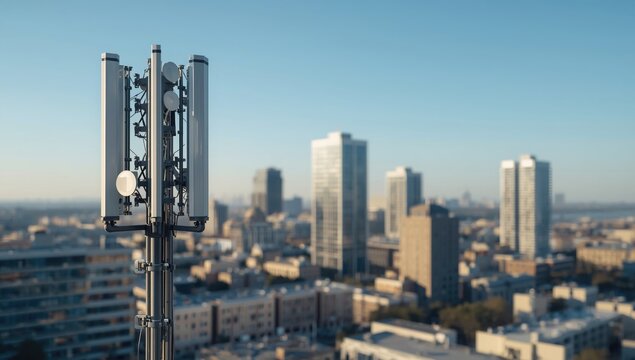 Telecommunication mast carrying 5G wireless antenna with city buildings behind
