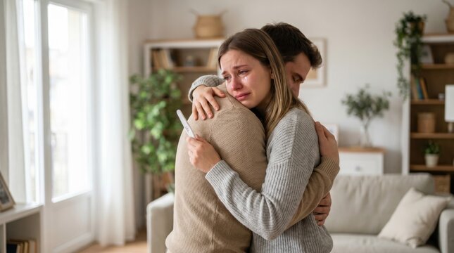 Grieving young couple embracing in a bright neutral living room, sad crying woman holds negative pregnancy test, comforting partner, soft natural light, infertility therapy concept.