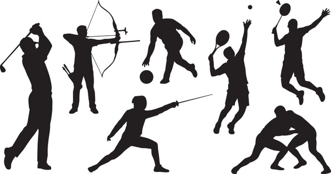 Sports Silhouettes, Athletic Icons, Fitness Vector Graphics, Black Sportspeople Illustrations