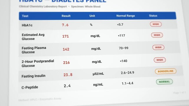 Comprehensive animated diabetes panel report template: detailed HbA1c and glucose test results with elevated blood sugar values flagged
