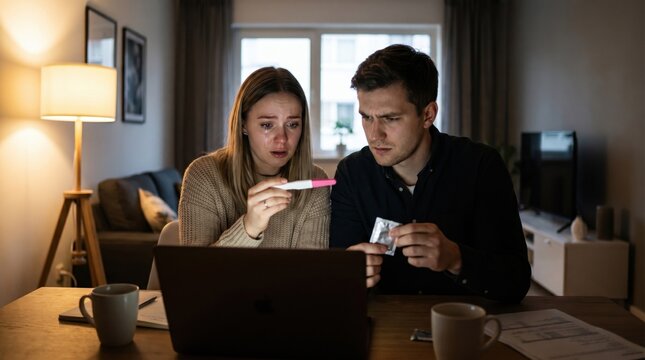 Stressed young couple sitting at a laptop in a cozy, dimly lit apartment, holding a pregnancy test and condom, dealing with unexpected news and family planning under warm interior lighting.