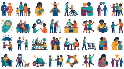 Fototapeta premium Collection of flat vector icons showing family relationships and emotions.
