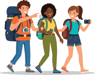 Fototapeta premium Group of happy young friends with backpacks hiking and traveling together