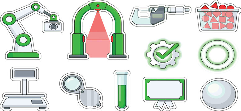 Quality control and industrial inspection sticker set featuring robotic arm scanner and digital micrometer