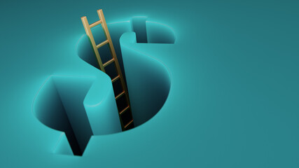 Fototapeta premium Golden Ladder Leading Into Dollar Sign Hole Symbolizing Financial Risk, Debt, Investment and Opportunity