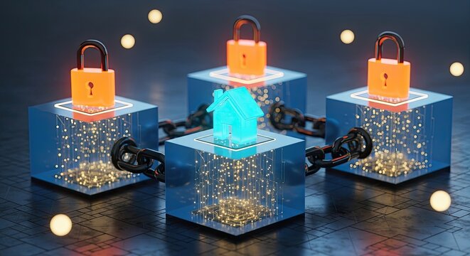 Secured blockchain cubes with locks and house icon symbol.