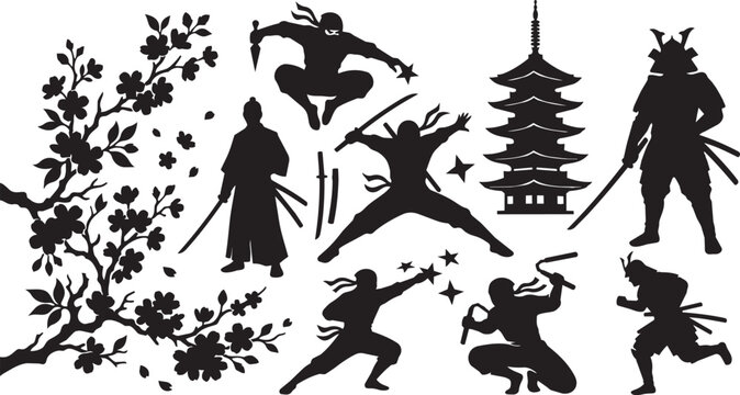 ninja, samurai, martial arts, vector icons, set of 8