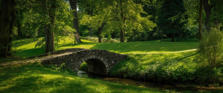 Stone bridge over a small stream in a lush park
