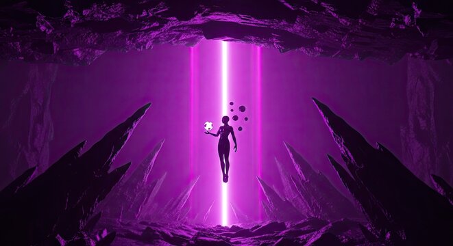 Silhouette levitating in a glowing purple light beam cavern.