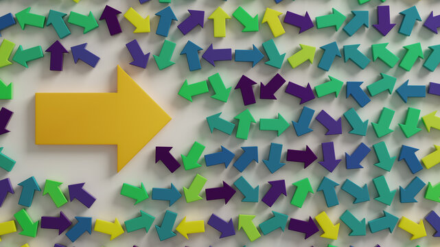 Yellow Arrow Leading a Crowd of Colorful Arrows Representing Leadership, Direction and Change