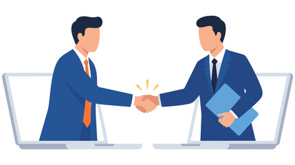 Obraz premium Digital communication of business handshake concept via laptop screen remote.