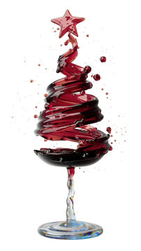 Wine Glass Christmas Tree With Red Swirl and Star Top Festive Holiday Art