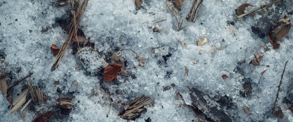 Obraz premium Snowy ground covered with fallen leaves and twigs