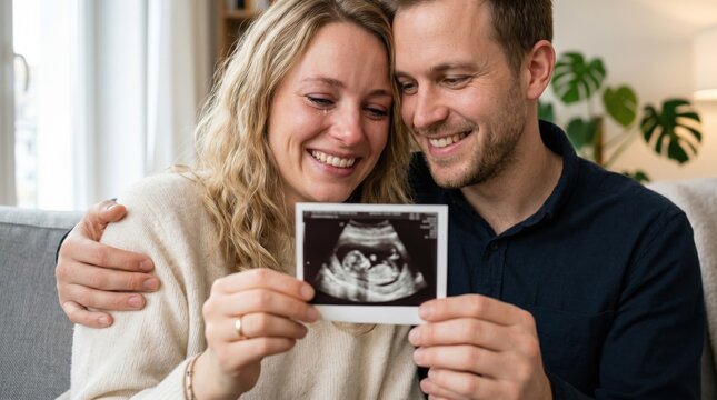 Happy young couple smiling and embracing while holding an ultrasound baby scan photo in a bright cozy living room, symbolizing pregnancy announcement, expecting parents, and family love.