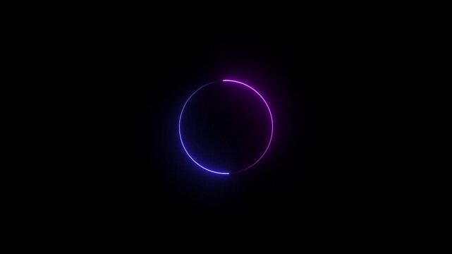 Neon light moving colored circle round.Abstract seamless background blue and purple spectrum looped animation fluorescent ultraviolet light glowing neon line on the black round.