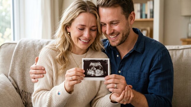 Joyful young expectant couple smiling and holding baby ultrasound sonogram scan photo on cozy living room sofa, warm natural light, emotional family pregnancy announcement concept.