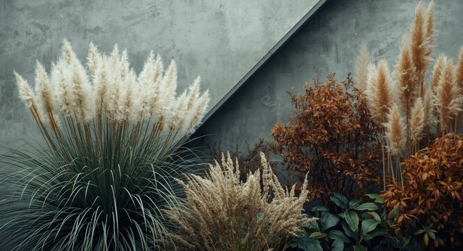 Modern geometric layout featuring fluffy white lagurus ovatus and autumn plants