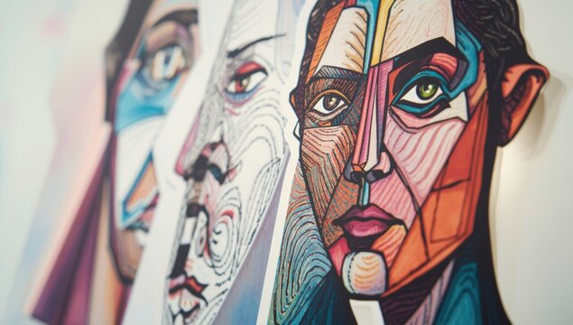 Surreal hand drawn cubist face art for creative sticker and card templates
