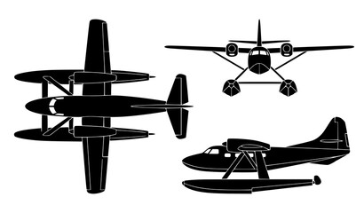 Industrial Hydroplane Black Silhouette Vector Illustration with Orthographic Views on White Background © Md Humaun