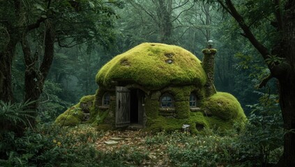 Naklejka premium Illustration of a quaint moss dwelling set in an enchanted forest